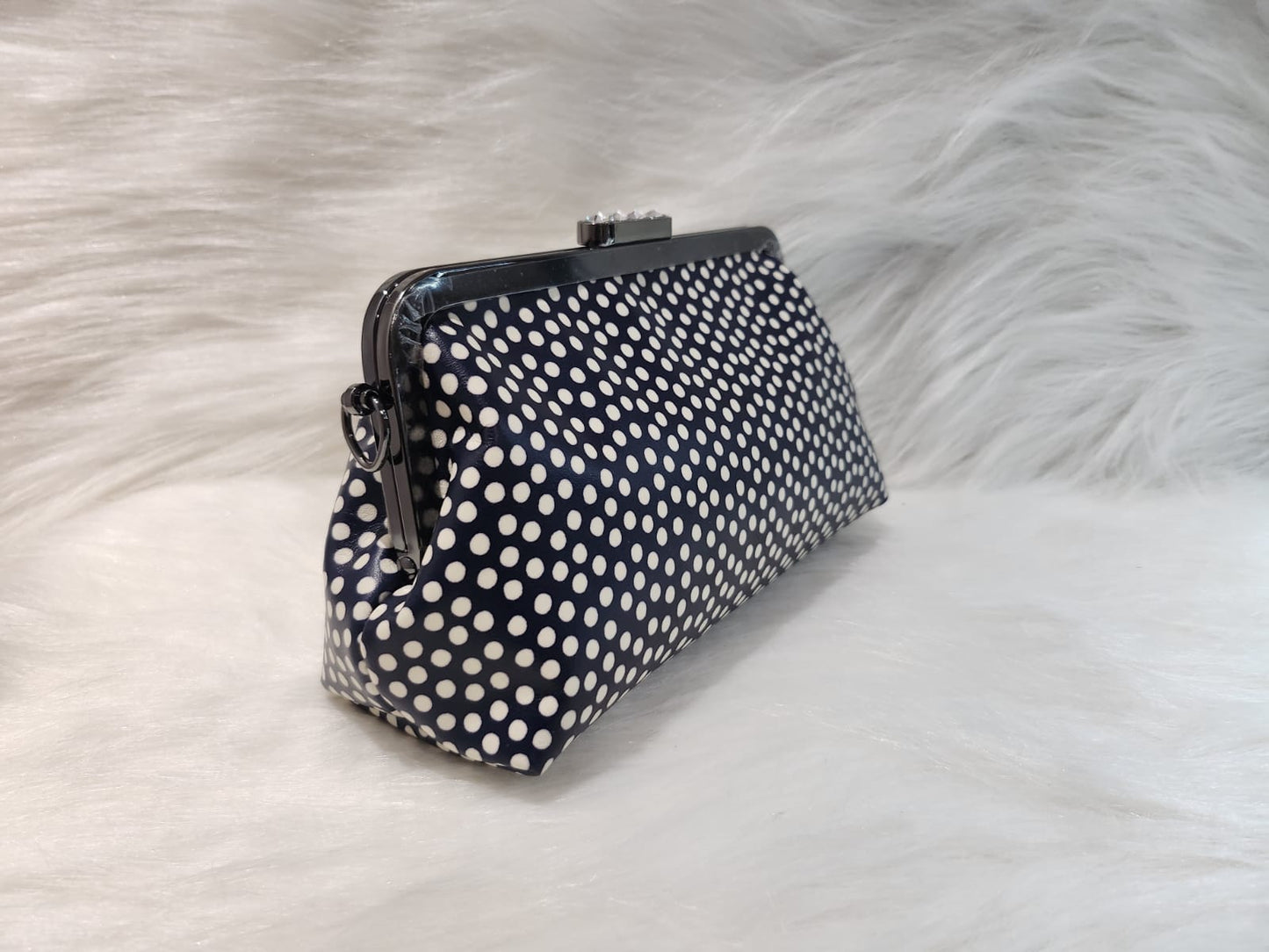 1CB_RC007; CROSSBODY BLUE/WHITE POLKA DOTS BAG