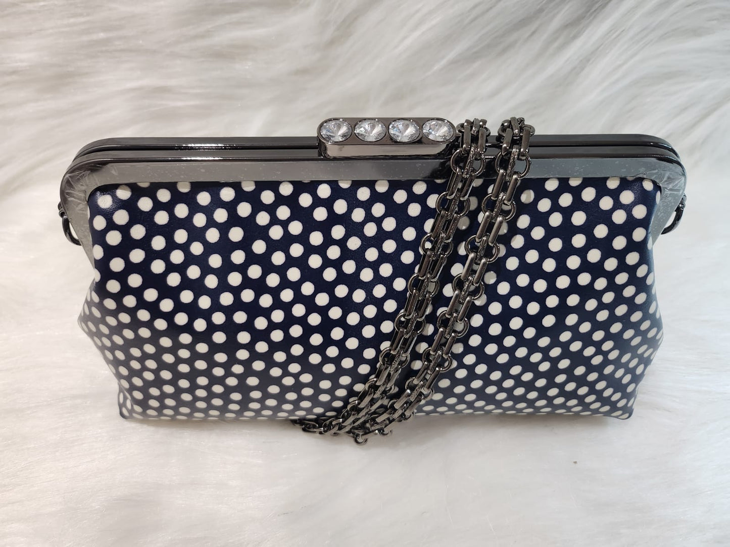 1CB_RC007; CROSSBODY BLUE/WHITE POLKA DOTS BAG